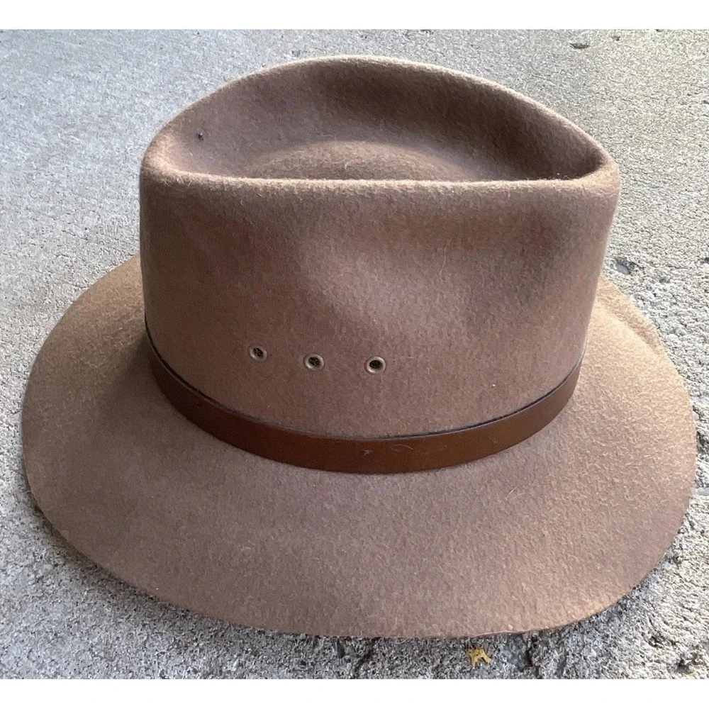 Vintage Broner Wool Fedora Hat Brown Leather Band Outback USA Made Men's M‎